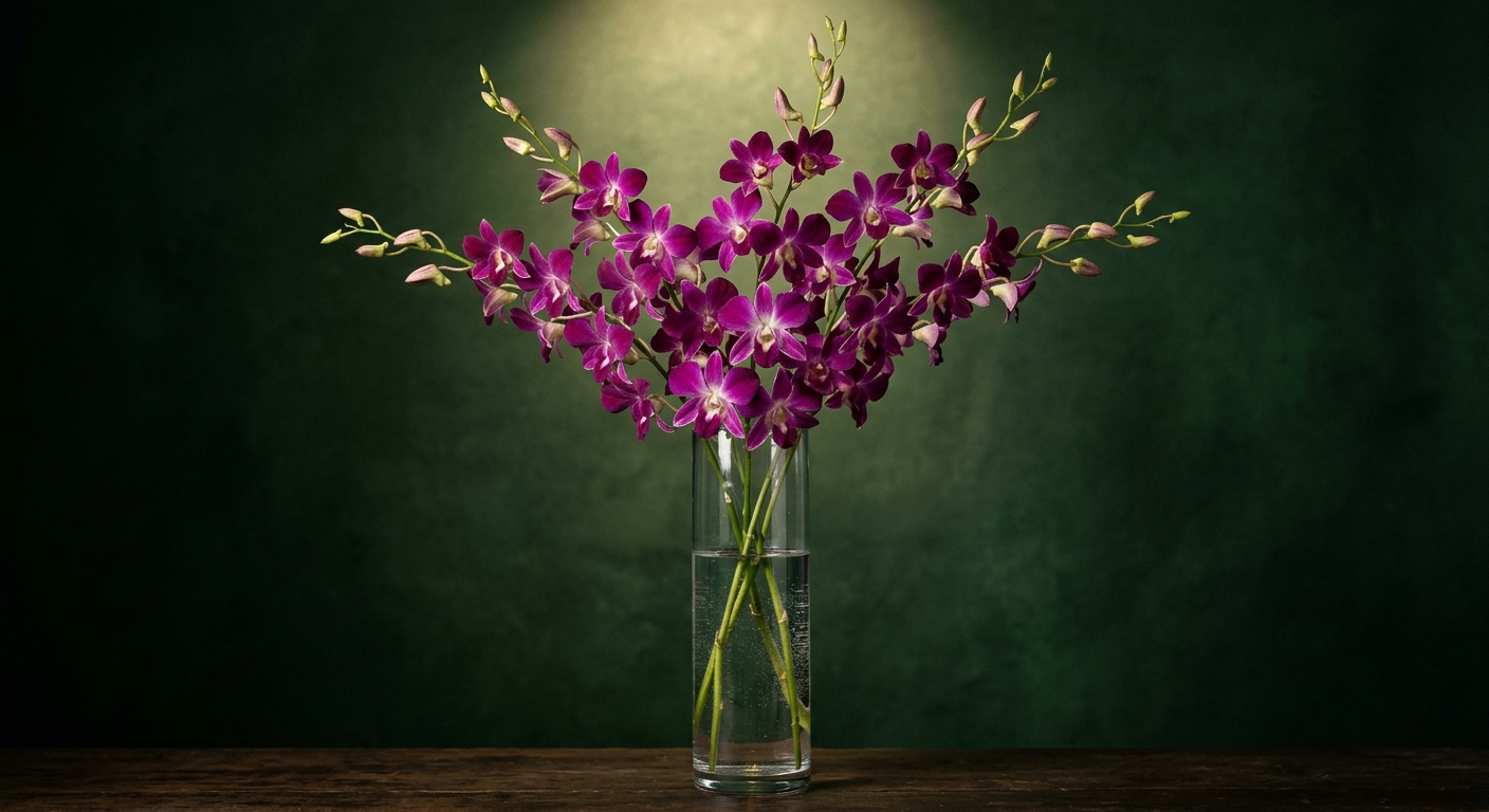 Purple Orchid Stems in Glass Vase